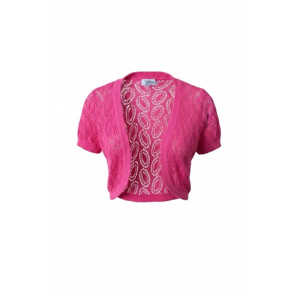 Victoria Crochet Pointelle Knit Short Sleeve Shrug Bolero Crop Cardigan Pink OS